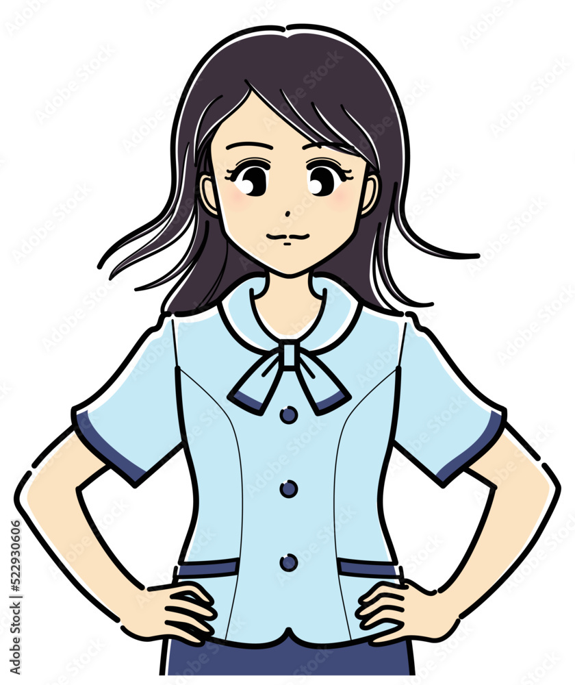 腰に手を当てるオーバーブラウスの女性（上半身）.