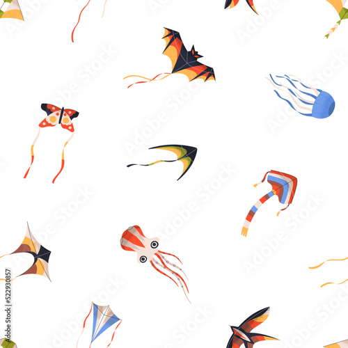 Seamless pattern with wind kites flying. Endless background, texture, repeating print of air paper kids toys of different shapes. Printable flat vector illustration for decoration, textile, wallpaper