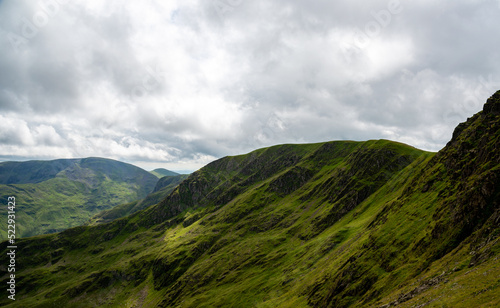 National Park Lake District, Helvellyn Hills, view while climbing Lake Thirlmere and Red Tarm, crossing Striding Edge and Swirral Edge during fog, 2022.