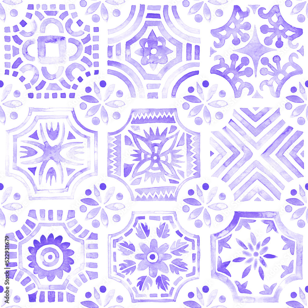 Seamless moroccan pattern. Square vintage tile. Lilac and white watercolor ornament painted with paint on paper. Handmade. Print for textiles. Set grunge texture.