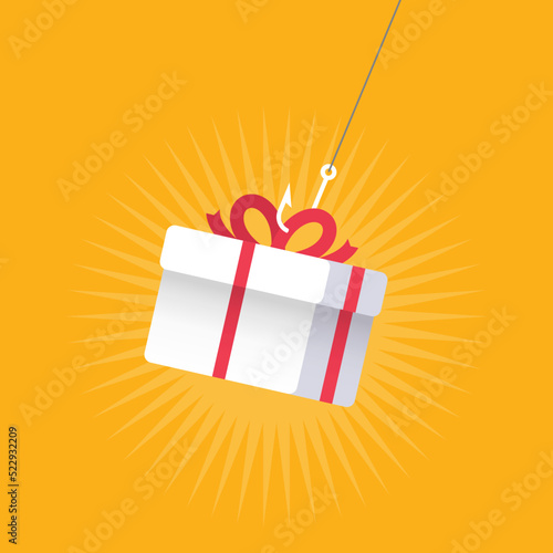 Gift box  with a hook used as a bait. Business deception concept. Vector illustration.