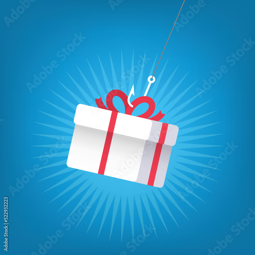 Gift box  with a hook used as a bait. Business deception concept. Vector illustration.