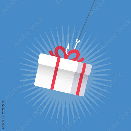 Gift box  with a hook used as a bait. Business deception concept. Vector illustration.