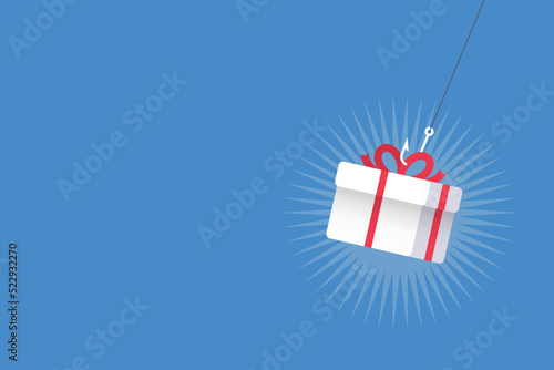 Gift box  with a hook used as a bait. Business deception concept. Vector illustration.