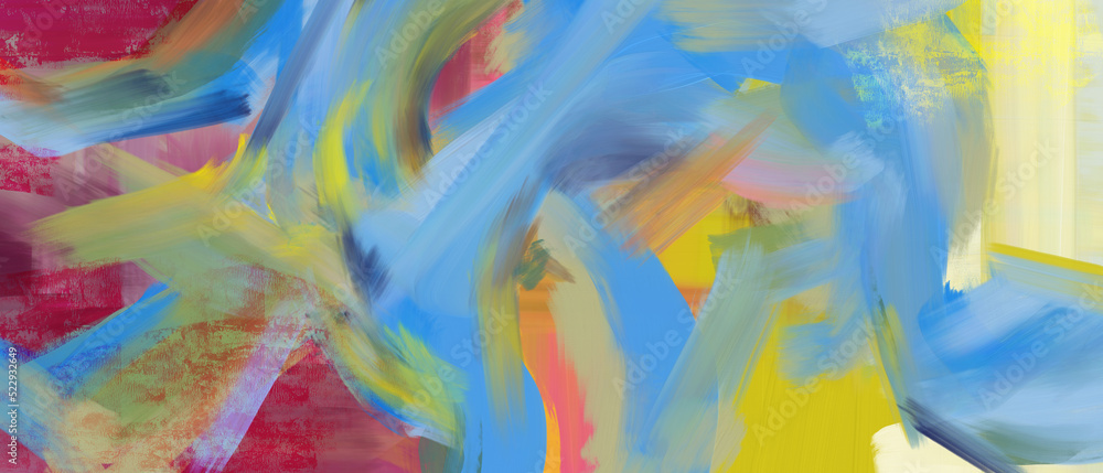 油絵抽象背景）うねる水色の筆跡　モダン　マルチカラー　アート　ラフ　横長テンプレート　