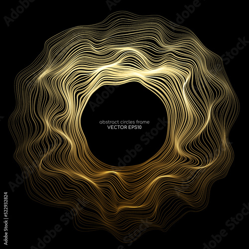 Abstract 3D sphere flowing light lines wave gold gradient isolated on black background. Vector in concept of AI technology, science, music, modern.