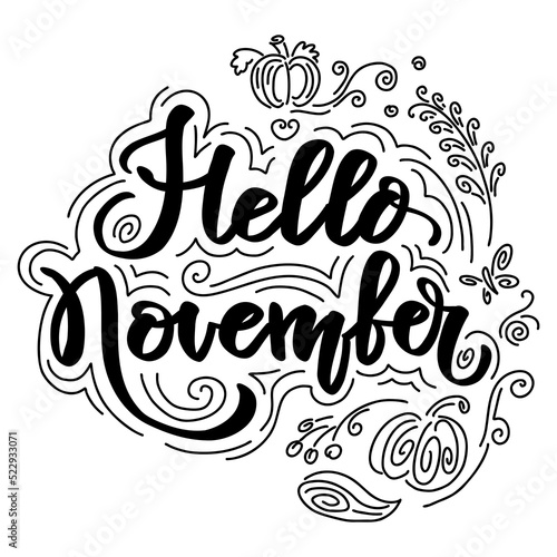 Doodle hello november hand lettering phrase vector illustration