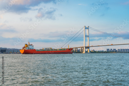 Jiangyin Yangtze River Bridge and cargo ships and Yangtze River scenery in Jiangyin, China