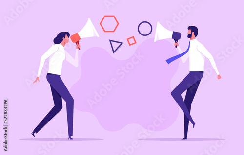 Conflict concept.Shouting at each other. People shouting into a megaphone at each other.Businessmen shouting through megaphone