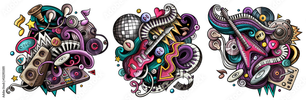 Disco music cartoon vector doodle designs set. Disco music cartoon vector doodle designs set.
