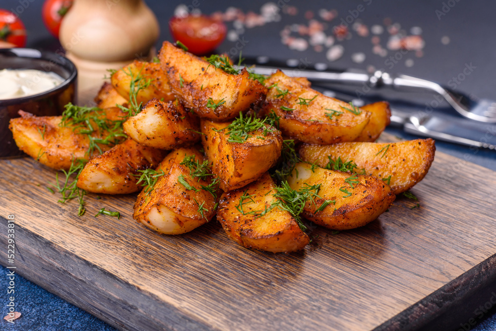Baked potato wedges with cheese and herbs and tomato sauce on a dark background Baked potato wedges with cheese and herbs and tomato sauce on a dark background