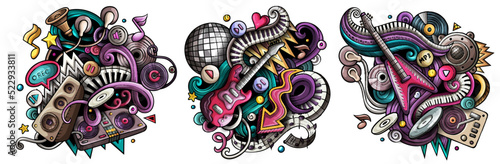 Disco music cartoon vector doodle designs set.