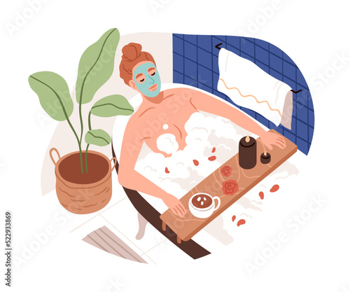 Woman relaxing in bath tub with soap foam, cosmetic face mask. Young girl lying in bathtub with bathroom tray, candles, cup at home. Flat graphic vector illustration isolated on white background