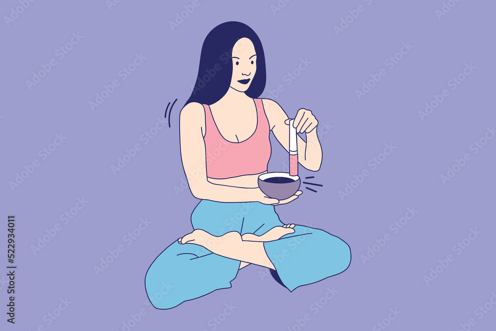 Illustrations Beautiful Young woman doing meditation and playing a tibetan singing bowl