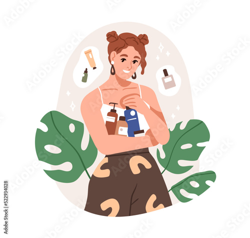 Woman holding organic cosmetic products. Happy girl with skincare cosmetics bottles, jars in hand. Female with eco vegan creams, lotions. Flat graphic vector illustration isolated on white background