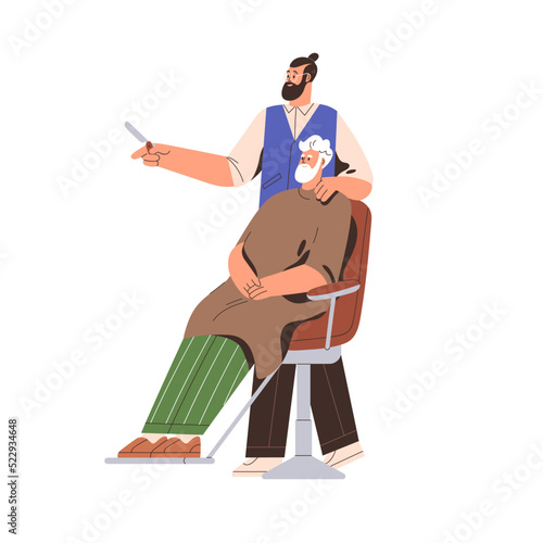 Barber works with elderly client in chair. Modern hairstylist man happy with haircut and beard grooming done. Old senior barbershop customer. Flat vector illustration isolated on white background