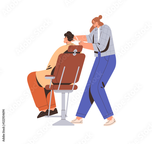 Woman barber cutting hair for man customer sitting in barbershop chair. Modern hairdresser girl working with client, doing haircut, grooming. Flat vector illustration isolated on white background