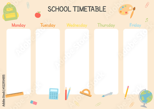 Cute childish school timetable. Weekly planner for students, pupils with days week, school study organizer vector template with cartoon school objects and symbols. Printable planner, diary for student