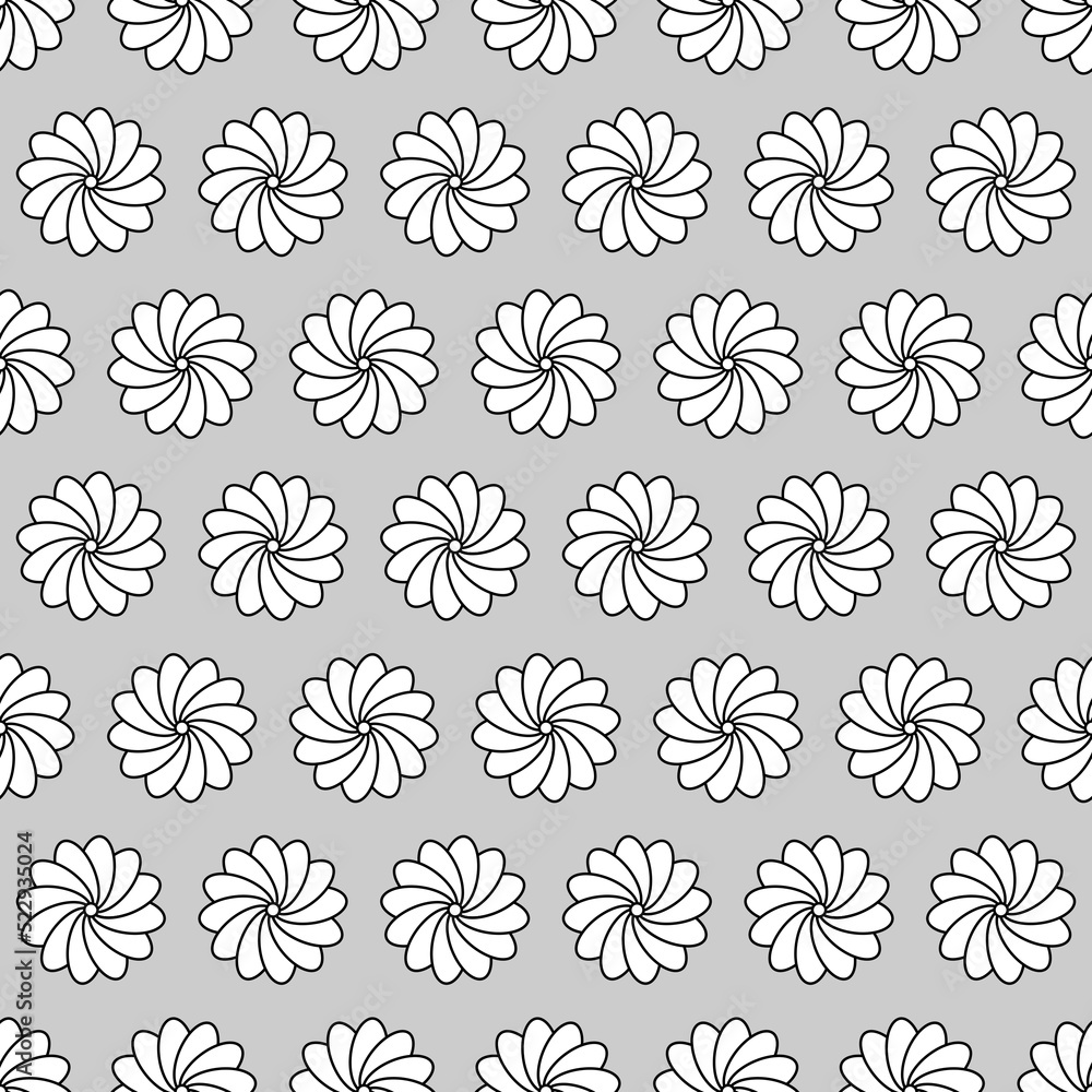 Seamless shades of gray repeat pattern with abstract flower heads, cupcake or ice-cream tops, or marshmallows. Flat colors.
