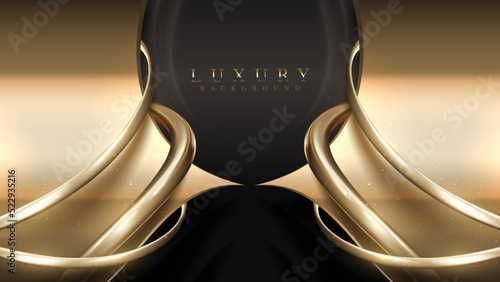 Gold luxury background with black with line curve decoration and glitter light effect elements.