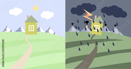 House on the lawn in sunny, clear weather. A house with a ripped roof in inclement weather, a storm, a volcanic eruption, a downpour, a hurricane.