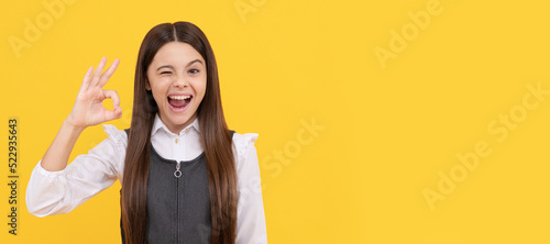 Winking schoolgirl in school uniform happy smile gesturing OK sing yellow background, agreed. Child face, horizontal poster, teenager girl isolated portrait, banner with copy space.