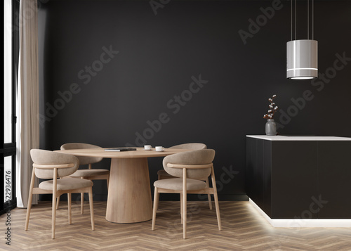 Empty black wall in modern living room. Mock up interior in contemporary style. Free, copy space for your picture, text, or another design. Dining table with chairs, kitchen, parquet floor. 3D render.