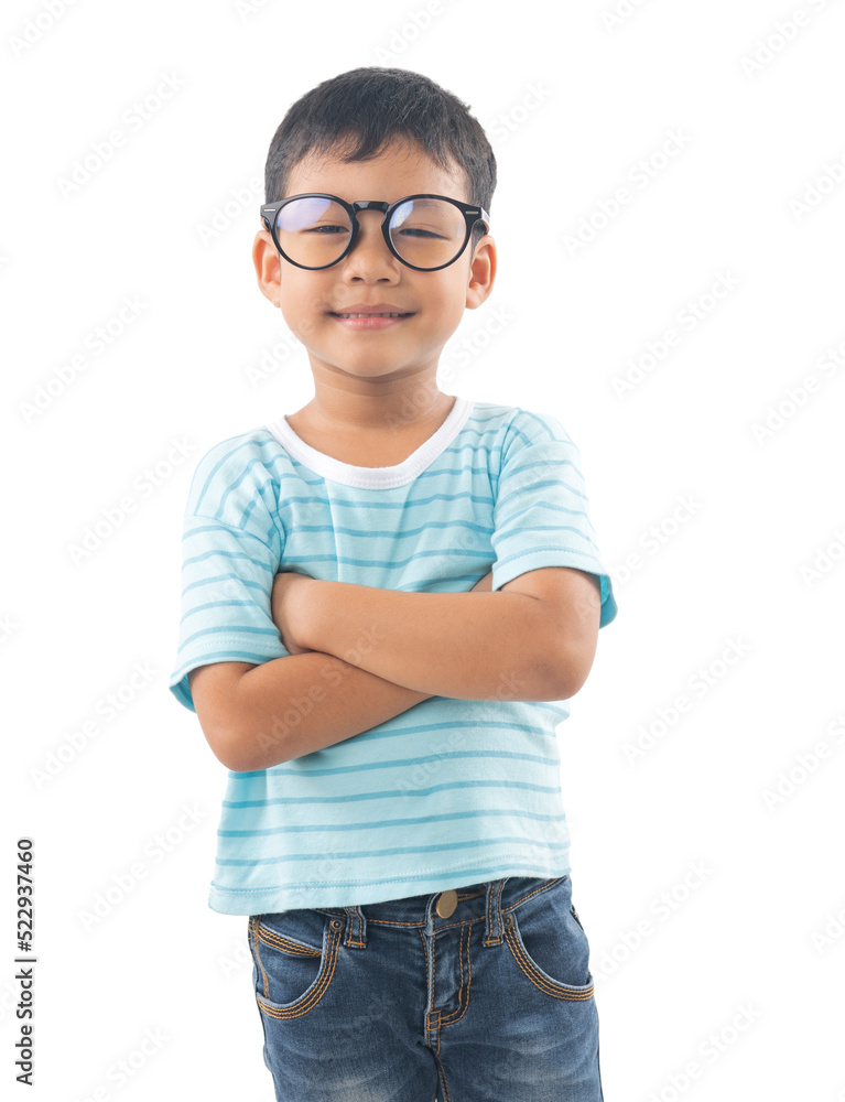 portrait of cute Asian boy student wearing glasses thinking isolated on ...