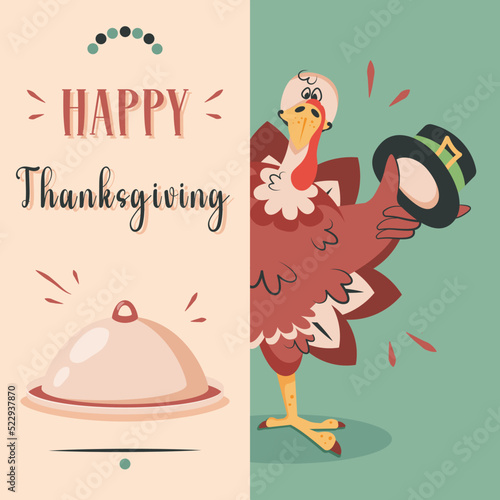 Thanksgiving card. Happy cute funny turkey with traditional elements for celebration thanksgiving day. Invitation template for banner, poster, greeting card. Vector cartoon illustration