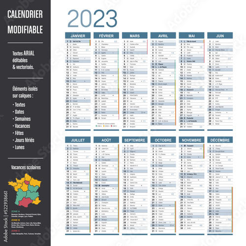 Calendrier 2023 modifiable - Eléments isolés sur calques, textes en Arial, éditables et vectorisés.