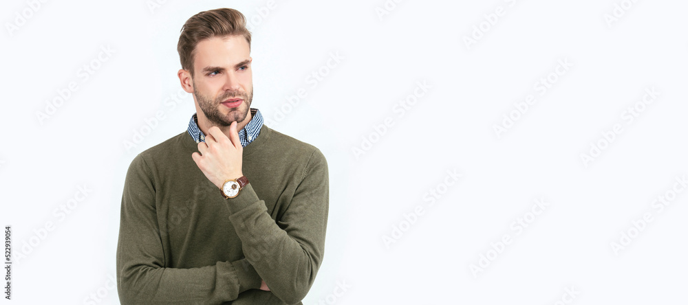 Naklejka premium his own style. trendy men with wrist watch isolated on white. male fashion accessory. time. Man face portrait, banner with copy space.