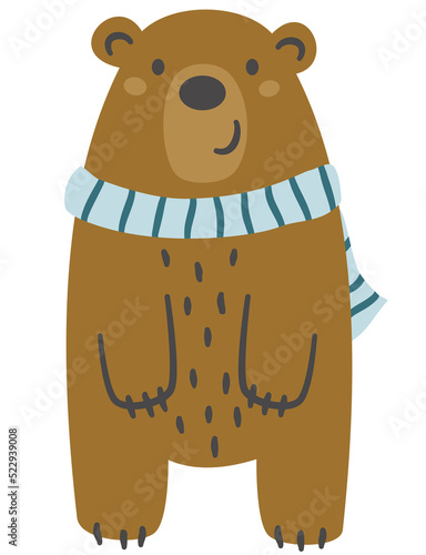 Children's vector illustration. Cute teddy bear in a blue scarf. Kind little bear.