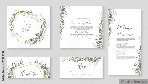 Vector set for wedding invitations. Eucalyptus and plants, polygonal gold frame. Invitation card, thank you, rsvp, menu