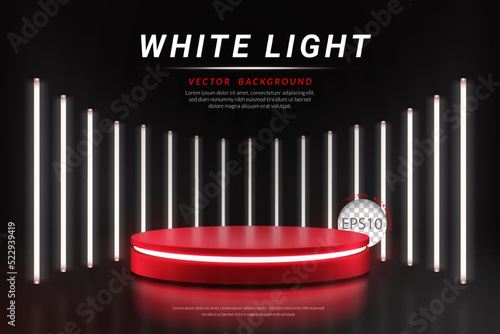 Red podium with white neon tube on black background, landscape layout, Vector illustration
