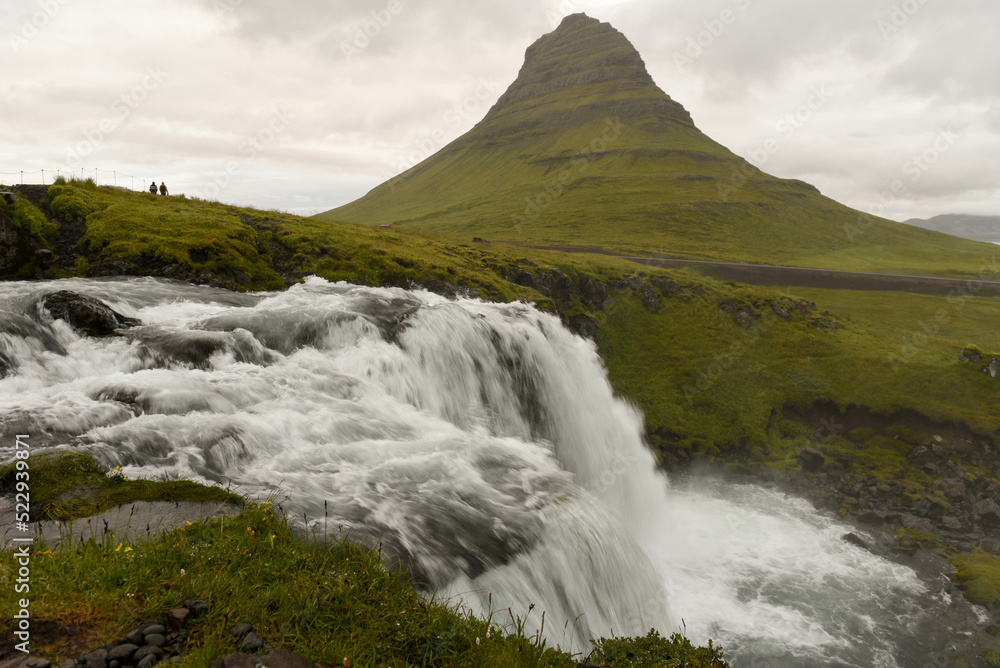 Fototapeta premium View at mount and waterfall of Kirkjufell at Grundarfjordur in Iceland