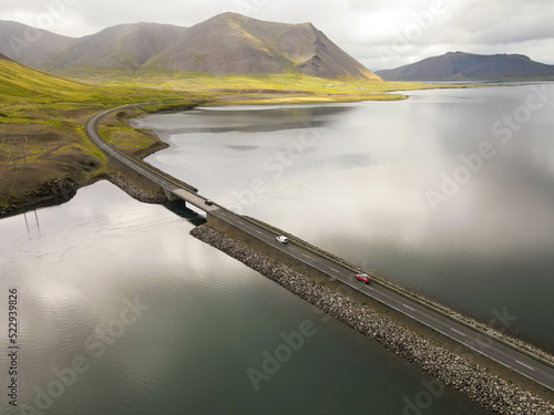 Drone view at a bridge on Snaefellsnes penisola in Iceland photo