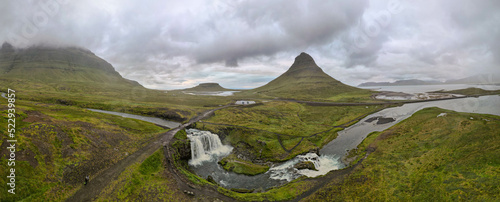 Drone view at mount and waterfall of Kirkjufell at Grundarfjordur in Iceland