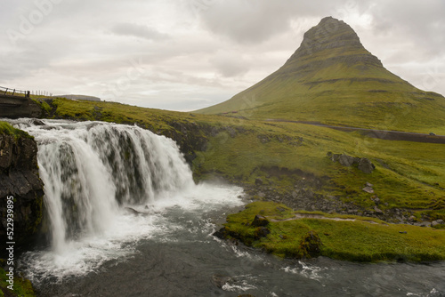 View at mount and waterfall of Kirkjufell at Grundarfjordur in Iceland