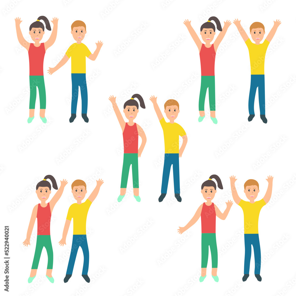 Obraz premium set of couple girl and guy are standing in different poses