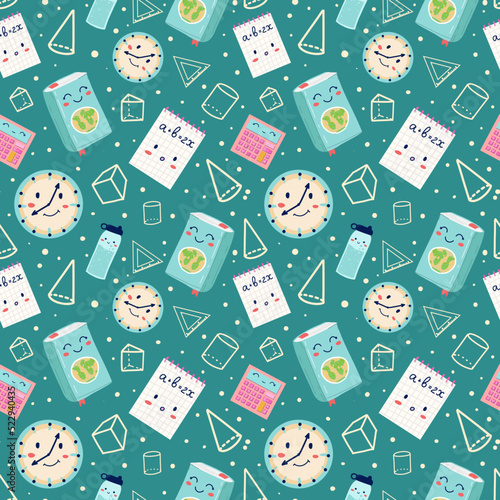 School pattern with elements of stationery, books, simple shapes, notes