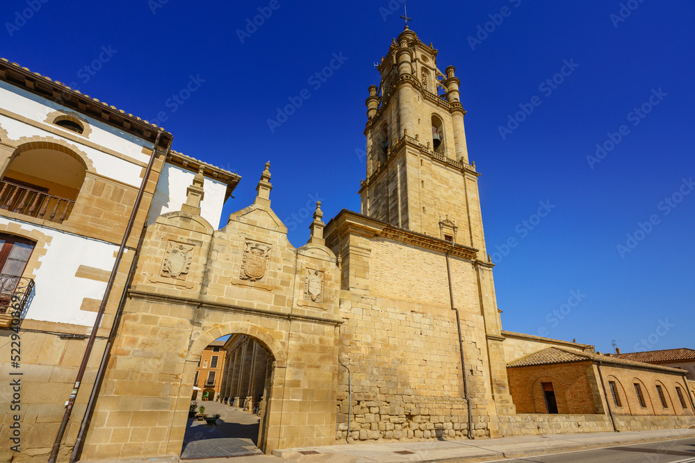 View of the gate and the church of Los Arcos, Navarre, Spain