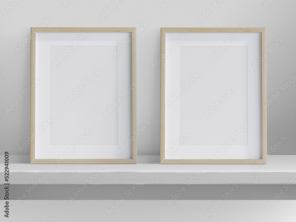 3:4 ratio, ratio, 2 photo frames with wooden border on shelf, 3d illustration, 3d rendering 3:4 ratio, ratio, 2 photo frames with wooden border on shelf, 3d illustration, 3d rendering