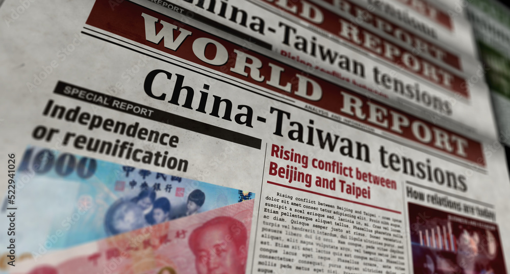 Obraz premium China and Taiwan tensions, conflict and crisis retro newspaper 3d illustration