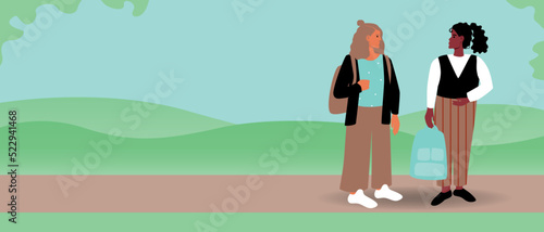 Schoolgirls or female students with backpack together, flat vector stock illustration with classmates as copy space template for design