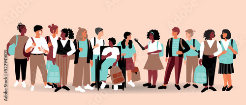 Inclusive group of children isolated, flat vector stock illustration with boys and girls with African skin, vitiligo or disabled person with school bag