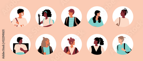Round avatars with children schoolchildren isolated, flat vector stock illustration as set or collage with different girls and boys with African skin and disabled wheelchair or prosthetic hand