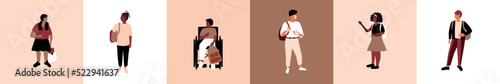Collage with inclusive children with disabilities or prosthesis, flat vector stock illustration as set with different schoolchildren, girls and boys