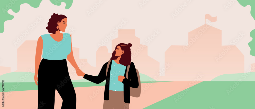Mom meets from school daughter school age, flat vector stock illustration or copy space pattern with family outdoor in schoolyard