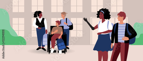 Multicultural inclusive group of children or teenagers outdoor, flat vector stock illustration with disabled classmates in schoolyard