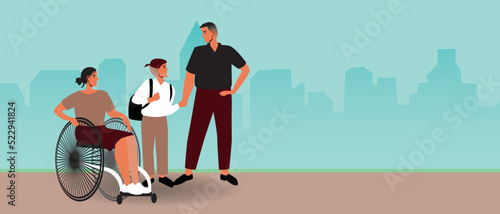 Mom disabled and father escort schoolboy to school, flat vector stock illustration with family outdoor in schoolyard, copy space template